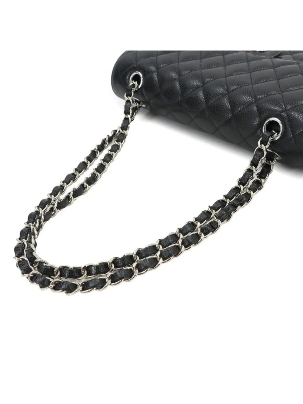 Chanel Quilted 25 Chain Shoulder Bag Caviar Leather Black Silver